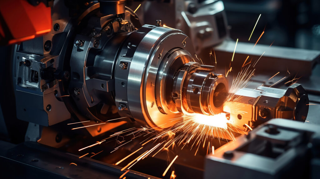 Funken sprühen von einer Metallbearbeitungsmaschine mit glänzenden, präzise gearbeiteten Teilen in einem industriellen ...