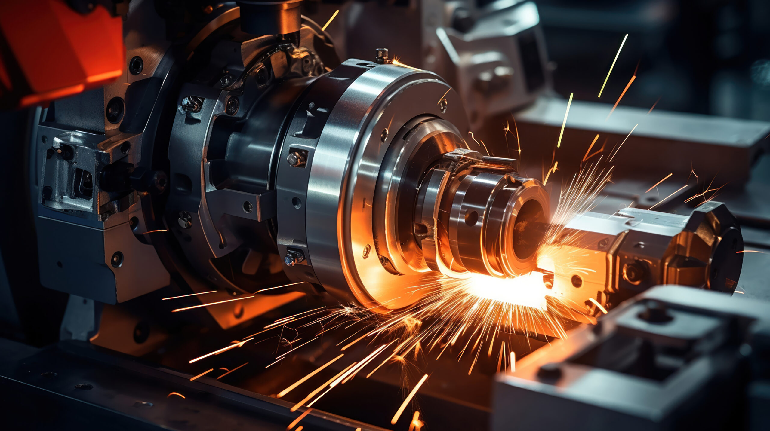 Funken sprühen von einer Metallbearbeitungsmaschine mit glänzenden, präzise gearbeiteten Teilen in einem industriellen ...